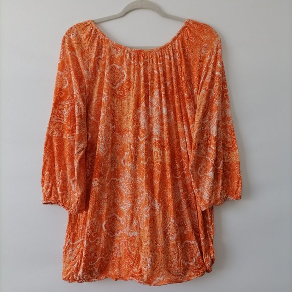 Michael Kors Women's Orange Floral Blouse Size 2X Scoop Neck Elastic Cuff/Hem - Picture 4 of 6
